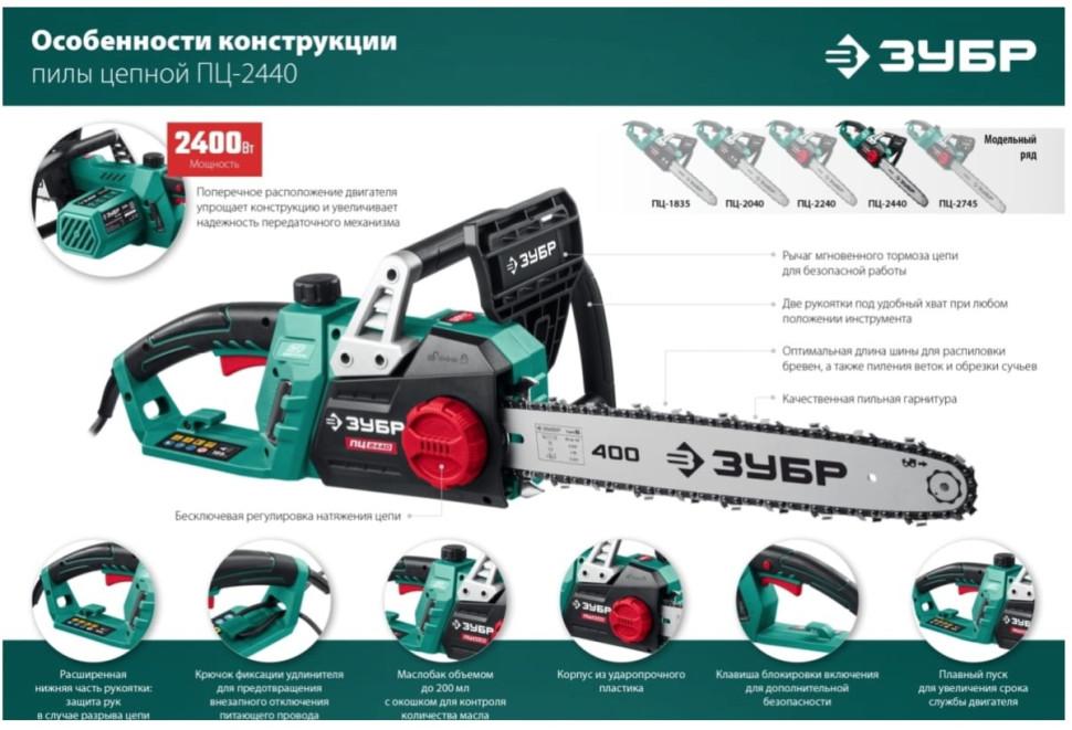 Электропила цепная ЗУБР ПЦ-2440 Электропила цепная ЗУБР ПЦ-2440