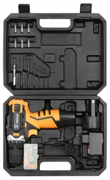 Дрель-шуруповерт Deko DKCD12FU-Li SET 63 063-4094 (с 2-мя АКБ, кейс, набор оснастки) Дрель-шуруповерт Deko DKCD12FU-Li SET 63 063-4094 (с 2-мя АКБ, кейс, набор оснастки)