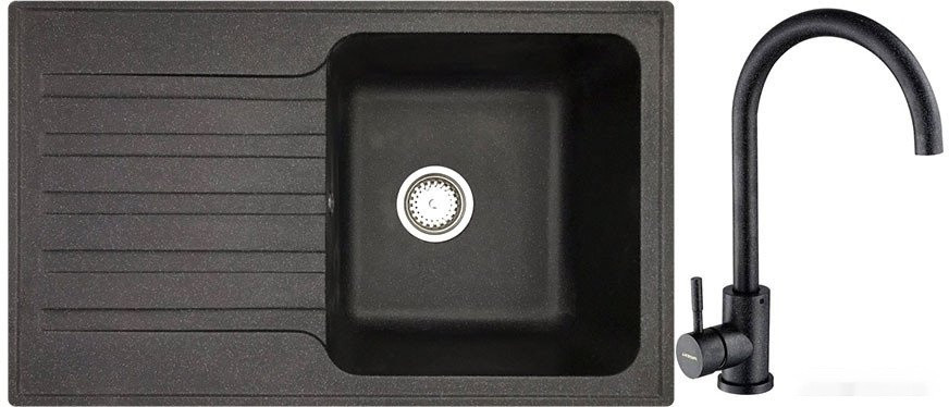 Кухонная мойка БелЭворс Styl R + смеситель W4998-3-22 (черный)