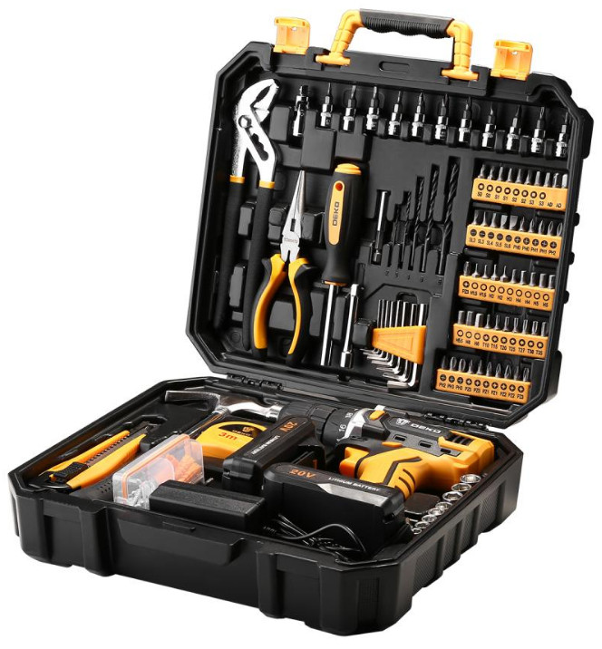 Дрель-шуруповерт Deko DKCD20FU-Li SET 195 063-4135 (с 2-мя АКБ, кейс, набор оснастки)