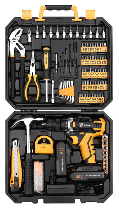 Дрель-шуруповерт Deko DKCD20FU-Li SET 195 063-4135 (с 2-мя АКБ, кейс, набор оснастки)