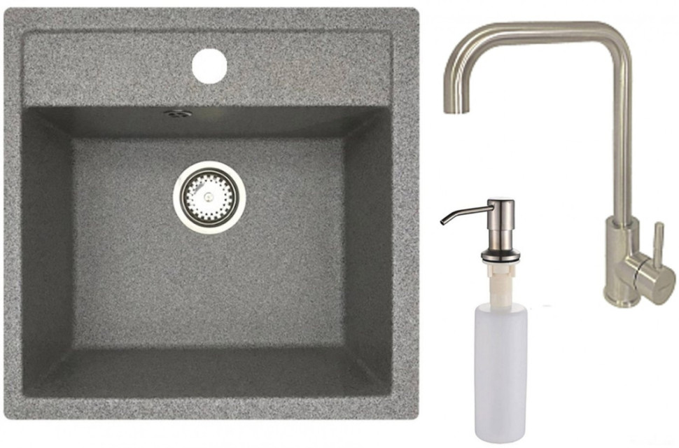 Кухонная мойка БелЭворс Rio + смеситель W4998-4 + дозатор L405-1 (серый/сатин)