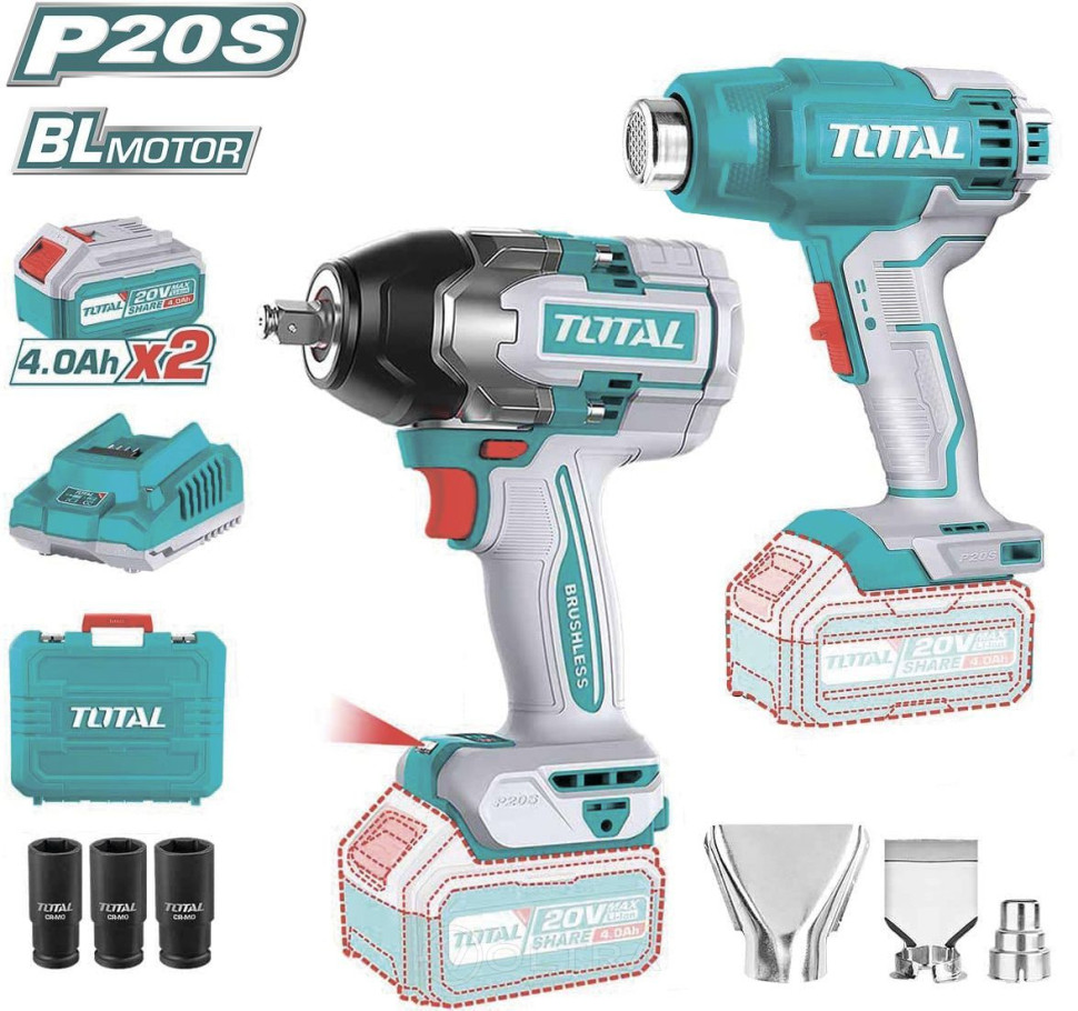 Набор электроинструмента Total TOSLI240489 (гайковерт, фен, 2 АКБ, кейс)