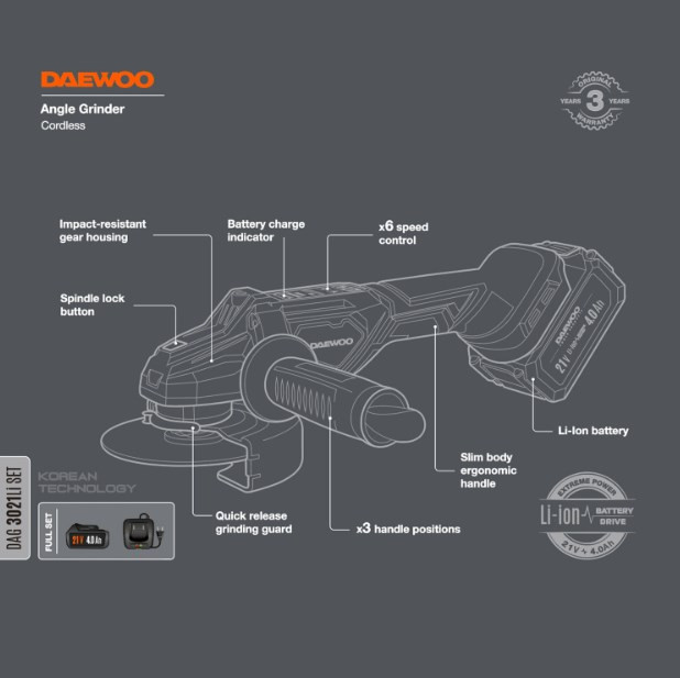 Угловая шлифмашина Daewoo Power DAG 3021Li Set (с 1-им АКБ) Угловая шлифмашина Daewoo Power DAG 3021Li Set (с 1-им АКБ)