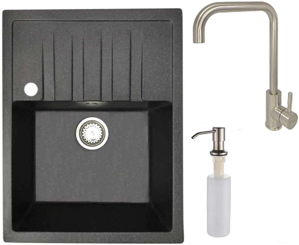 Кухонная мойка БелЭворс Vega L + смеситель W4998-4 + дозатор L405-1 (черный/сатин)