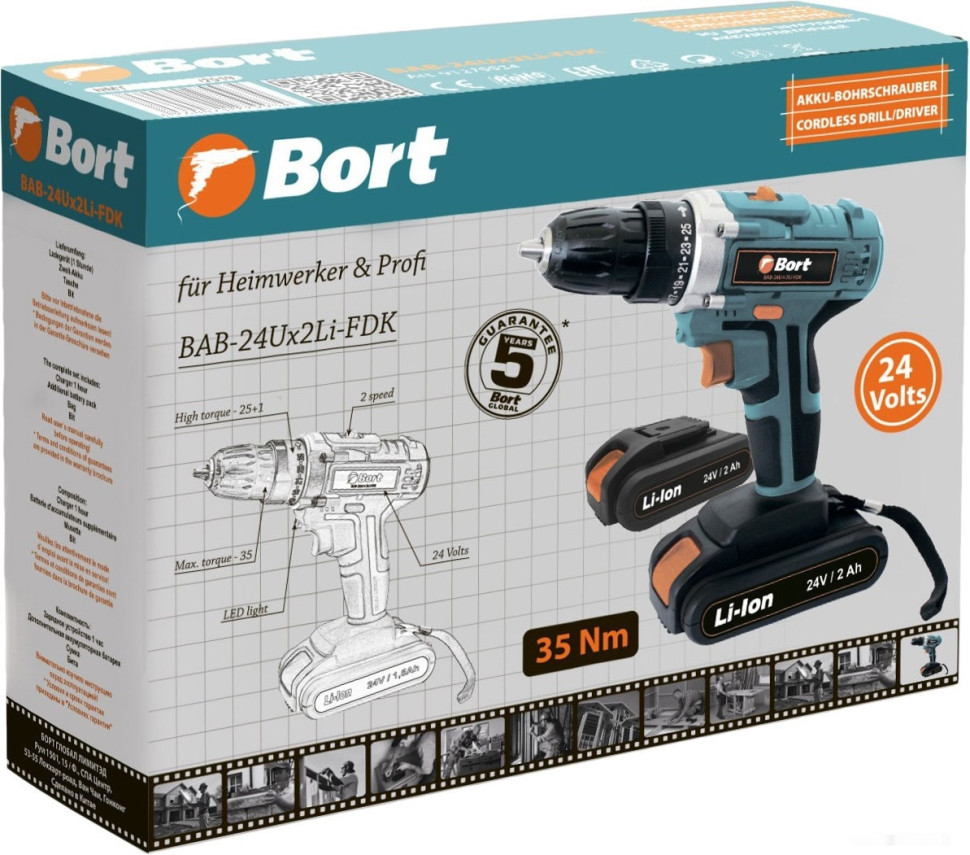 Дрель-шуруповерт BORT BAB-24UX2LI-FDK (с 2-мя АКБ) Дрель-шуруповерт BORT BAB-24UX2LI-FDK (с 2-мя АКБ)
