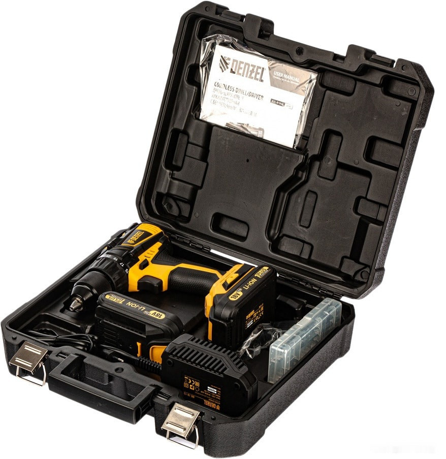 Дрель-шуруповерт Denzel BLDL-IB-IB-18-02 (с 2-мя АКБ, кейс) Дрель-шуруповерт Denzel BLDL-IB-IB-18-02 (с 2-мя АКБ, кейс)