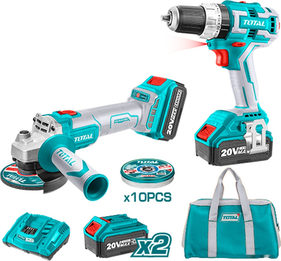 Набор инструментов Total TCKLI6015 (шуруповерт, болгарка, с 2-мя АКБ)