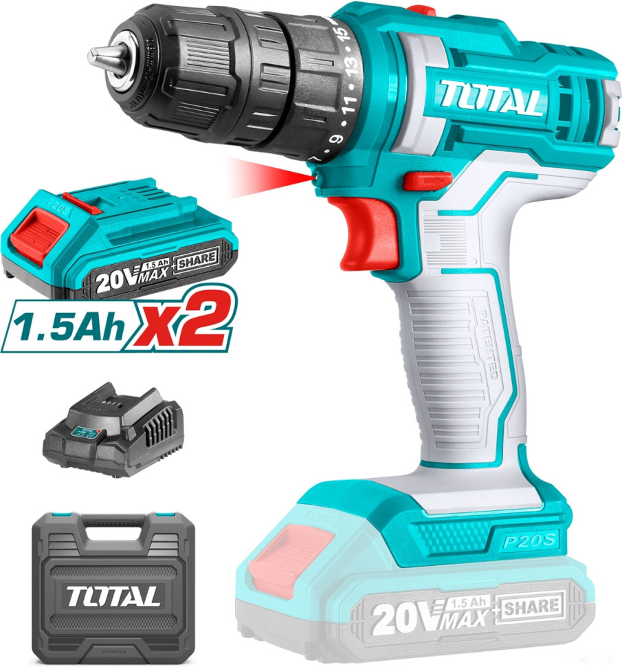Дрель-шуруповерт Total TDLI20028 (с 2-мя АКБ, кейс)
