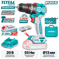 Ударная дрель-шуруповерт Total TIDLI20558 (с 2-мя АКБ, кейс)