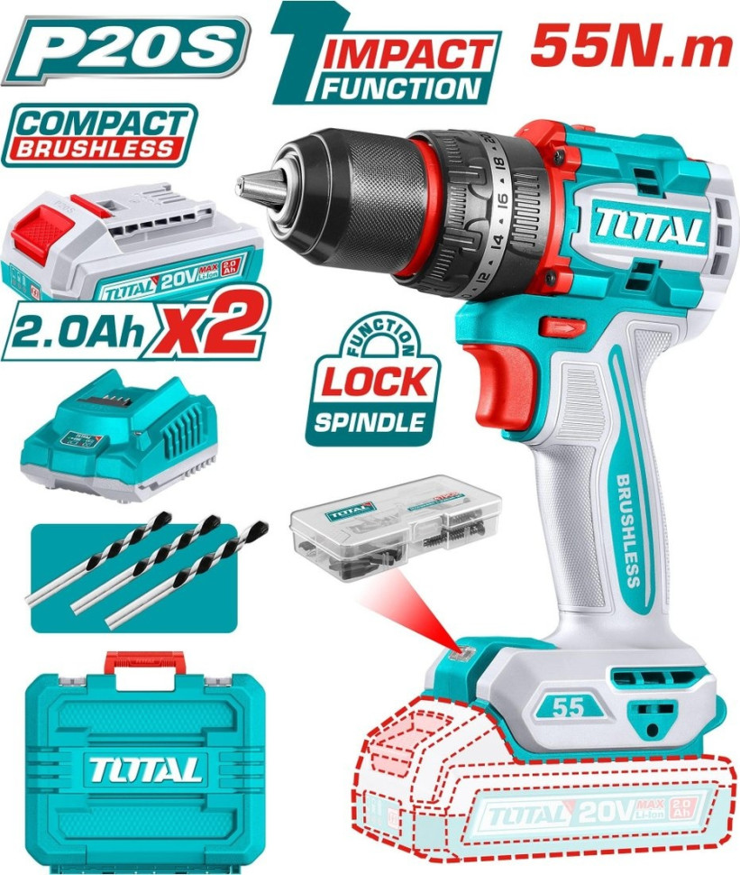 Ударная дрель-шуруповерт Total TIDLI20558 (с 2-мя АКБ, кейс)