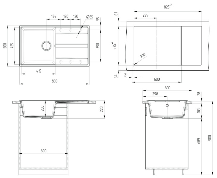 Кухонная мойка Ulgran Quartz Prima 850-07 (Уголь)