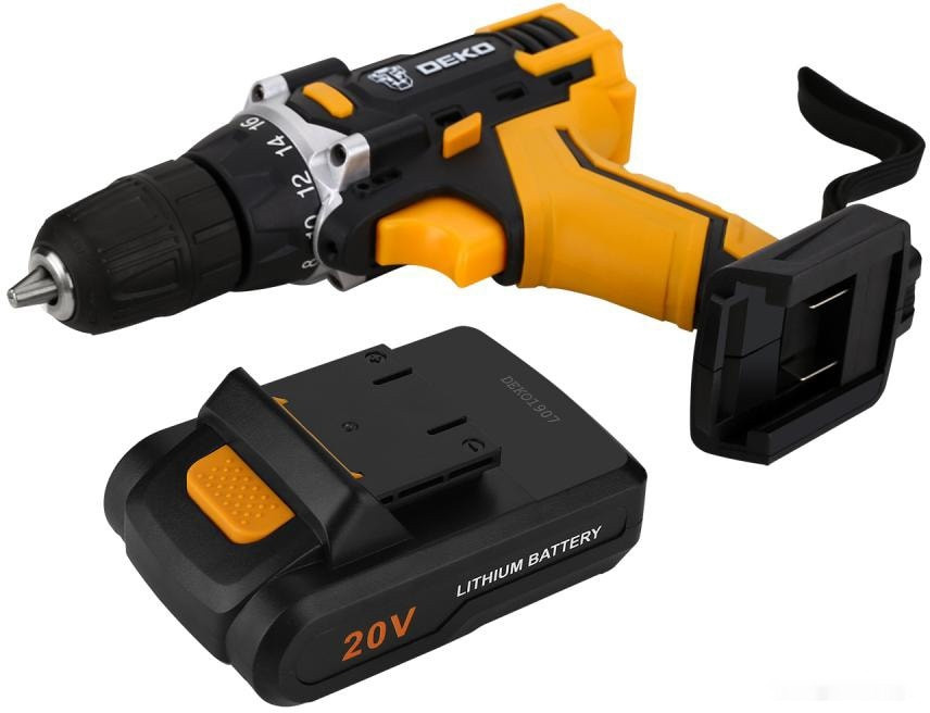 Дрель-шуруповерт Deko DKCD20FU-Li SET 63 063-4093 (с 2-мя АКБ, кейс, набор оснастки) Дрель-шуруповерт Deko DKCD20FU-Li SET 63 063-4093 (с 2-мя АКБ, кейс, набор оснастки)
