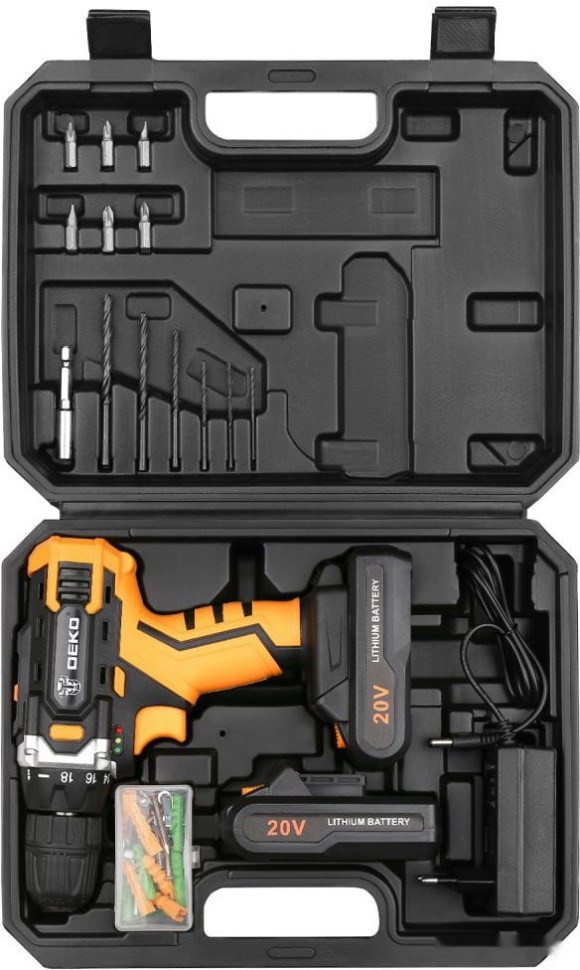Дрель-шуруповерт Deko DKCD20FU-Li SET 63 063-4093 (с 2-мя АКБ, кейс, набор оснастки) Дрель-шуруповерт Deko DKCD20FU-Li SET 63 063-4093 (с 2-мя АКБ, кейс, набор оснастки)