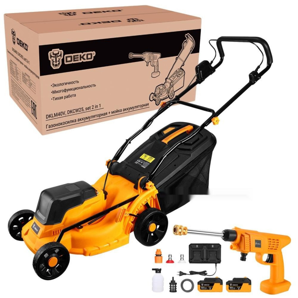 Deko DKLM40V + DKCW25 085-2025 (газонокосилка, мойка высокого давления, 2 АКБ)
