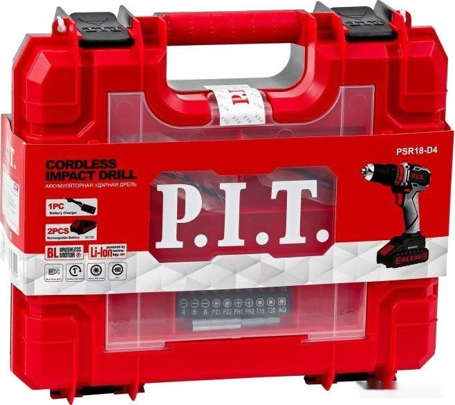Ударная дрель-шуруповерт P.I.T. PSR18-D4 (с 2-мя АКБ, кейс, набор оснастки)