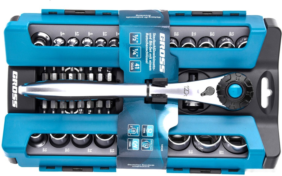 Набор трещотка с головками и битами Gross 14143 (41 предмет) Набор трещотка с головками и битами Gross 14143 (41 предмет)