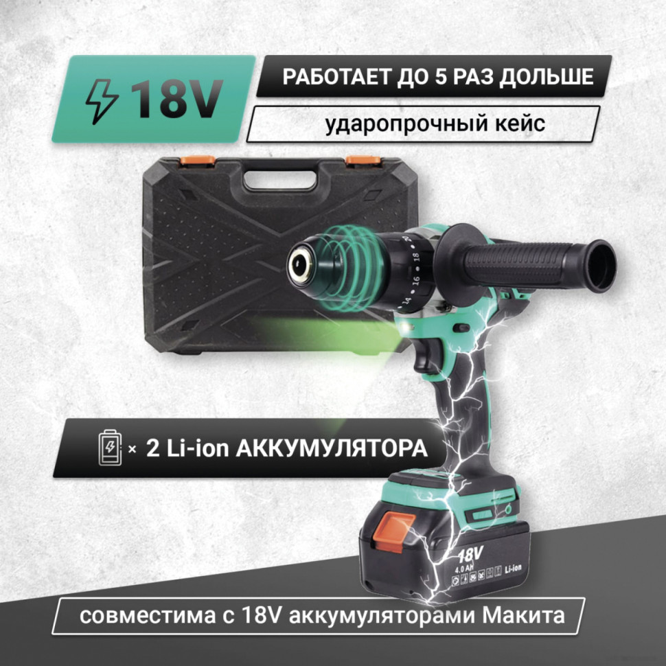 Ударная дрель-шуруповерт Zitrek Green Impact 18V 063-4045 (с 2-мя АКБ, кейс) Ударная дрель-шуруповерт Zitrek Green Impact 18V 063-4045 (с 2-мя АКБ, кейс)