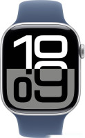 Умные часы Apple Watch Series 10 46 мм (алюминиевый корпус, серебристый/синий, спортивный силиконовый ремешок S/M)