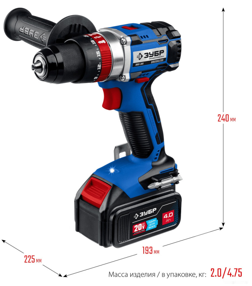 Ударная дрель-шуруповерт ЗУБР Профессионал DBS-201-42 (с 2-мя АКБ 4 Ач, кейс)
