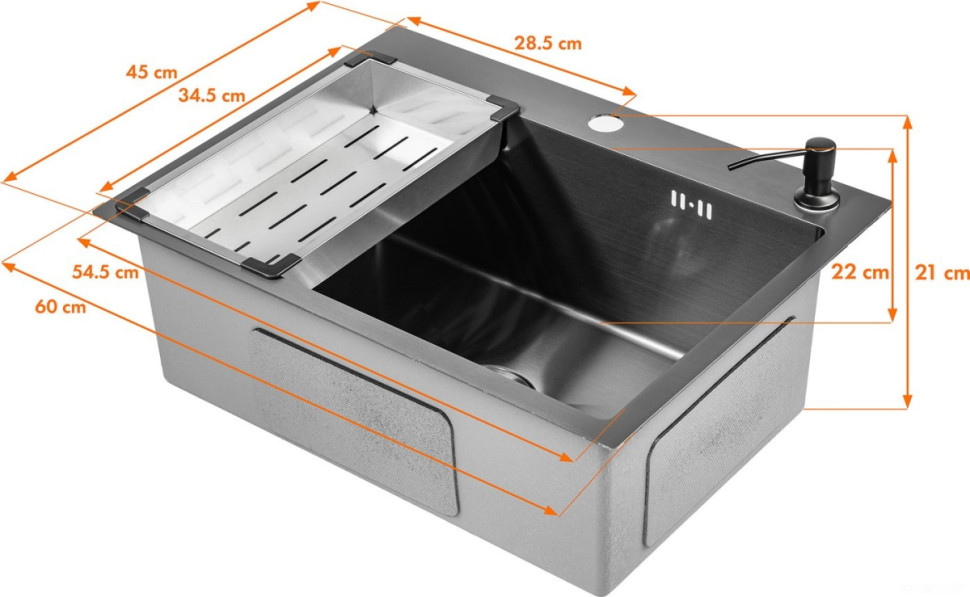 Кухонная мойка Saniteco 6045 Nano (с сифоном, дозатором и коландером) Кухонная мойка Saniteco 6045 Nano (с сифоном, дозатором и коландером)