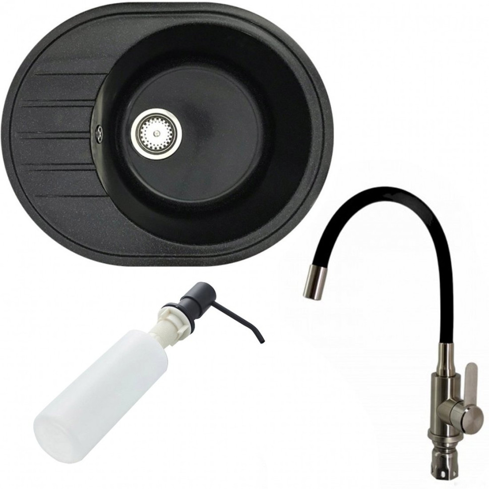 Кухонная мойка БелЭворс New Lux R + смеситель W74004-2 + дозатор L405F (черный)