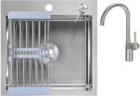 Кухонная мойка Saniteco 4848 + Spike F9S07011 (сатин, с сифоном, дозатором и коландером)