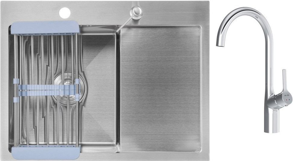 Кухонная мойка Saniteco 6550-L + Spike F9S07000 (хром, с сифоном, дозатором и коландером)