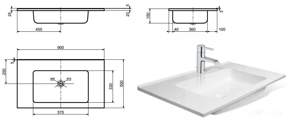 Умывальник Эстет Каре 90x50 (белый) 1-0003