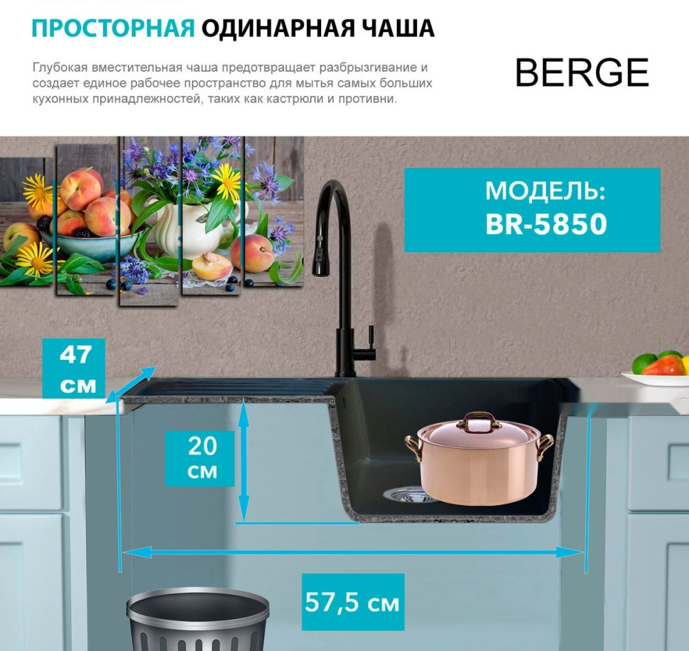 Кухонная мойка Berge BR-5850 + смеситель AM.PM Like F8007122 (черный)