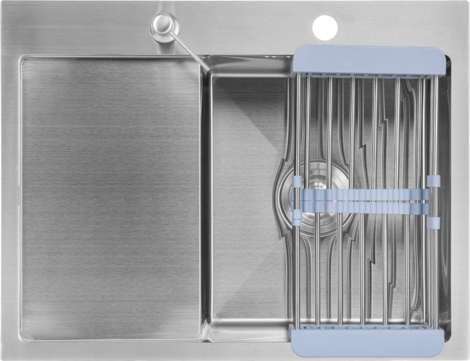 Кухонная мойка Saniteco 6550-R + Spike F9S07011 (сатин, с сифоном, дозатором и коландером)