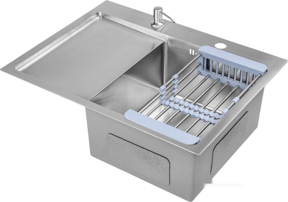 Кухонная мойка Saniteco 6550-R + Spike F9S07011 (сатин, с сифоном, дозатором и коландером)