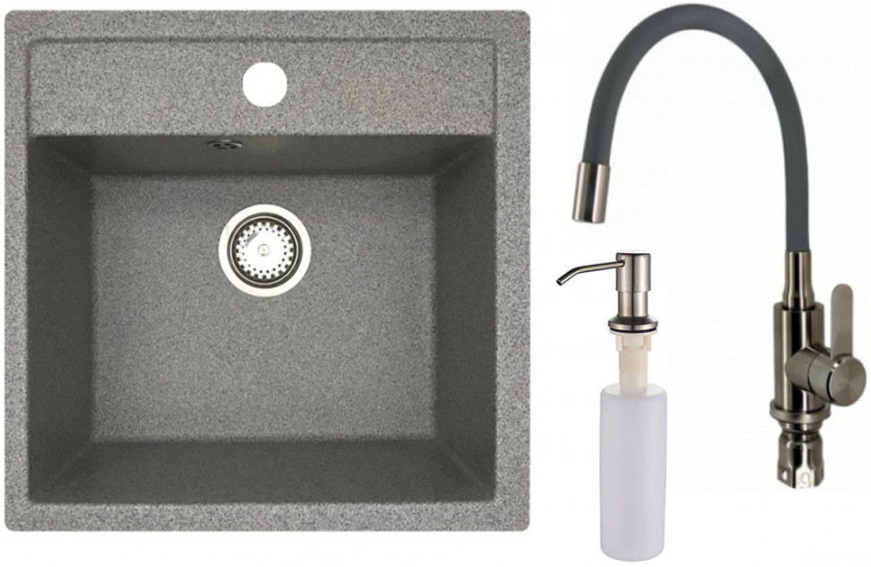 Кухонная мойка БелЭворс Rio + смеситель W74004-9 + дозатор L405-1 (серый/сатин)