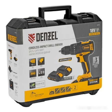 Ударная дрель-шуруповерт Denzel CIDB-IB-18-02 26130 (с 2-мя АКБ, кейс, набор оснастки) Ударная дрель-шуруповерт Denzel CIDB-IB-18-02 26130 (с 2-мя АКБ, кейс, набор оснастки)