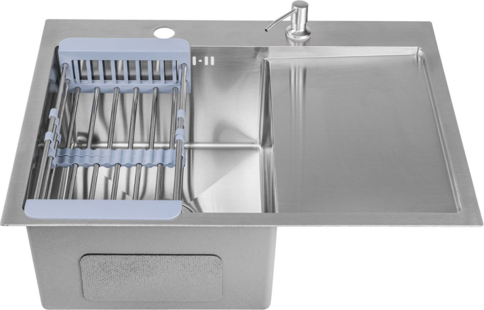 Кухонная мойка Saniteco 6550-L + Spike F9S07011 (сатин, с сифоном, дозатором и коландером)