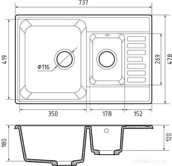 Кухонная мойка GranFest QUARZ Z-21K (темно-серый) Кухонная мойка GranFest QUARZ Z-21K (темно-серый)