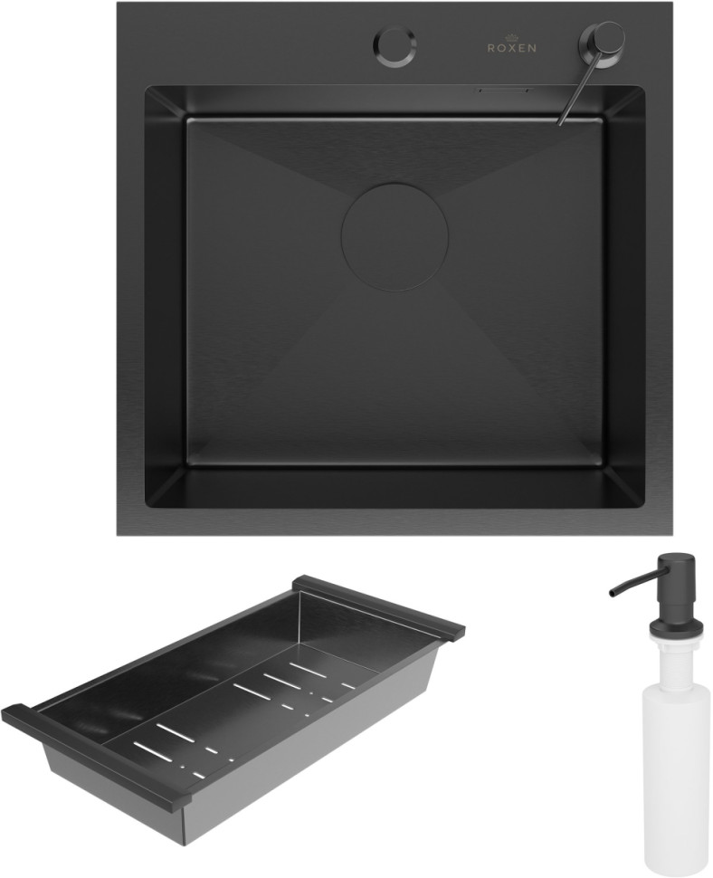 Кухонная мойка Roxen Simple 560220-50B PVD оружейная сталь (с коландером и дозатором)