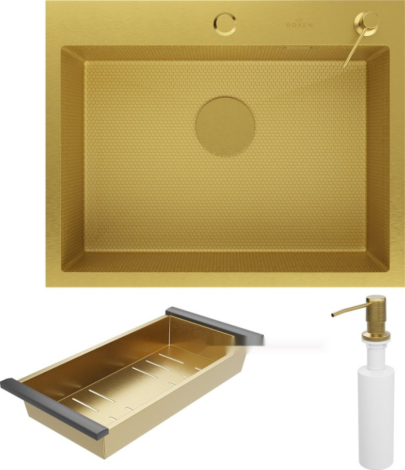Кухонная мойка Roxen Snake 560220-60-GS PVD Gold золотая/текстурная (с коландером и дозатором)