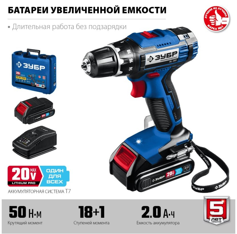 Дрель-шуруповерт ЗУБР Профессионал DL-201-22 (с 2-мя АКБ 2 Ач, кейс)