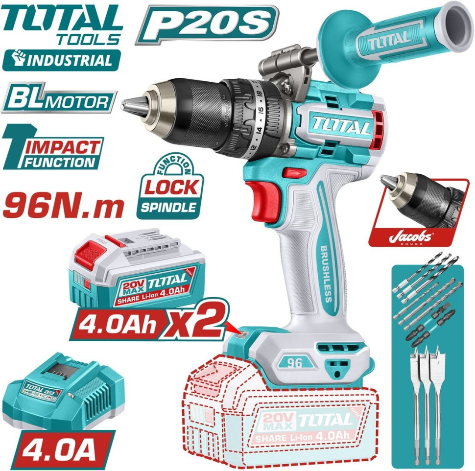 Ударная дрель-шуруповерт Total TIDLI209686 (с 2-мя АКБ, кейс)