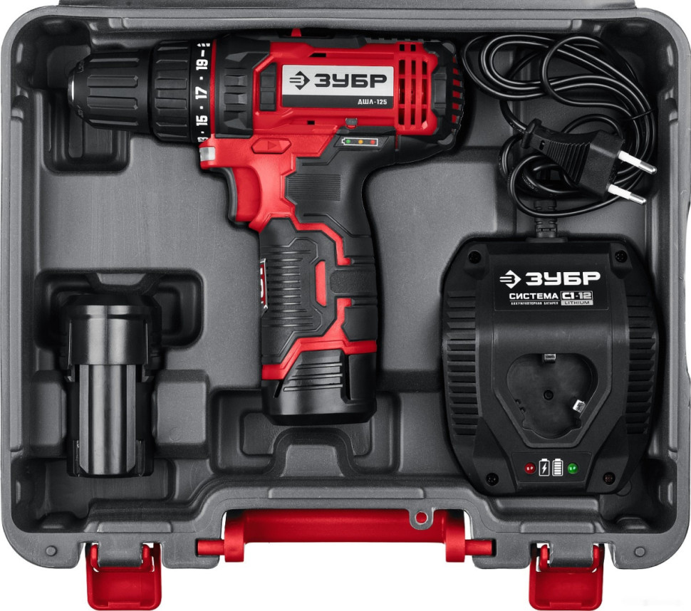 Дрель-шуруповерт ЗУБР Мастер ДШЛ-125-22 (с 2-мя АКБ, кейс) Дрель-шуруповерт ЗУБР Мастер ДШЛ-125-22 (с 2-мя АКБ, кейс)