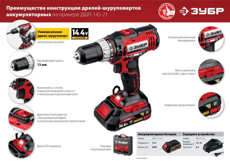 Дрель-шуруповерт ЗУБР Мастер ДШЛ-145-22 (с 2-мя АКБ, кейс) Дрель-шуруповерт ЗУБР Мастер ДШЛ-145-22 (с 2-мя АКБ, кейс)