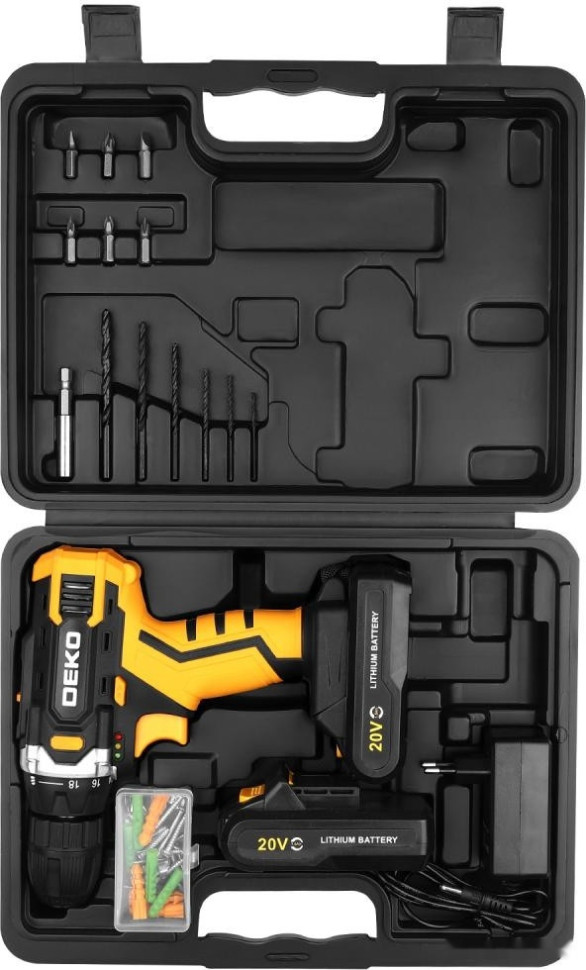 Дрель-шуруповерт Deko Banger 20V 080-1005 (с 2-мя АКБ, кейс, оснастка) Дрель-шуруповерт Deko Banger 20V 080-1005 (с 2-мя АКБ, кейс, оснастка)